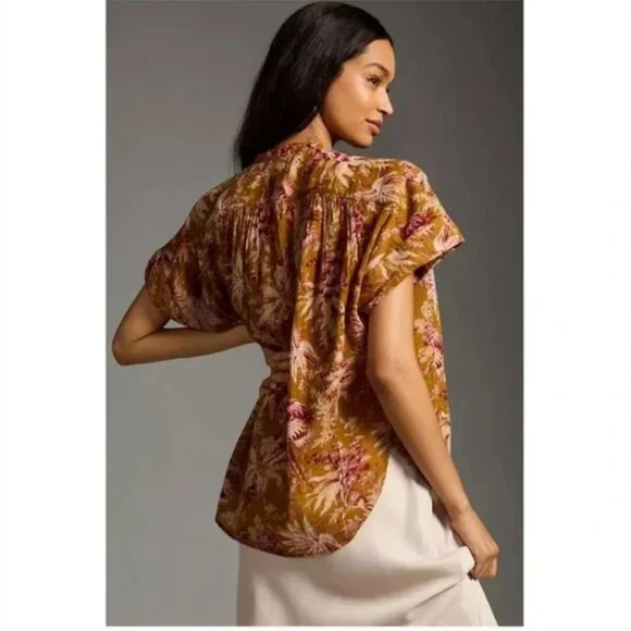 Anthropologie Pilcro Short Sleeve Batwing Buttoned Blouse Floral Flowy Size L/XL - Picture 3 of 10